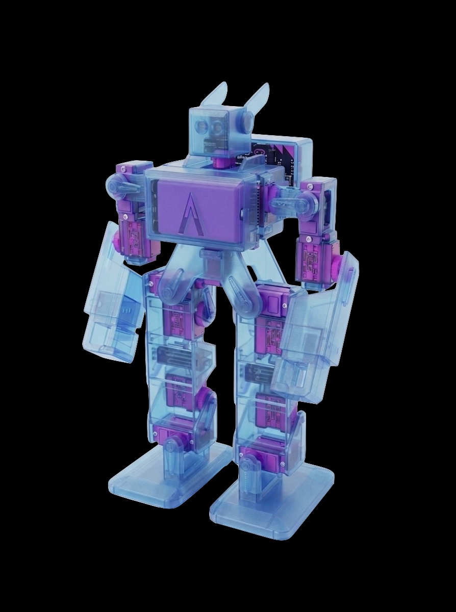 The real AC-1 robot, with its translucent chassis and exposed servos